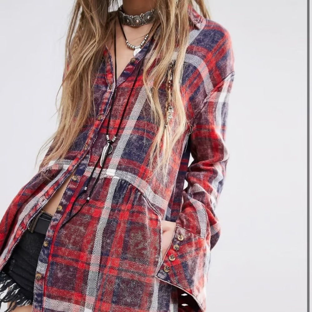 Free People Easy Street Plaid Flannel Boho Tunic Navy Red Side Pockets Size XS